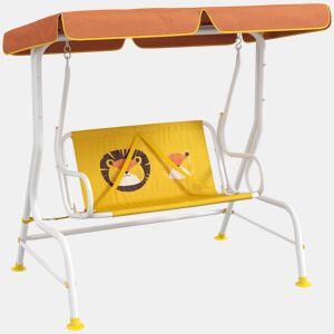 Outsunny Balanço de Jardim Exterior Balanço de Jardim Infantil de 2 Lugares com Padrão de Leão Toldo Ajustável em Ângulo Carga 60 kg 110x70x110 cm Amarelo