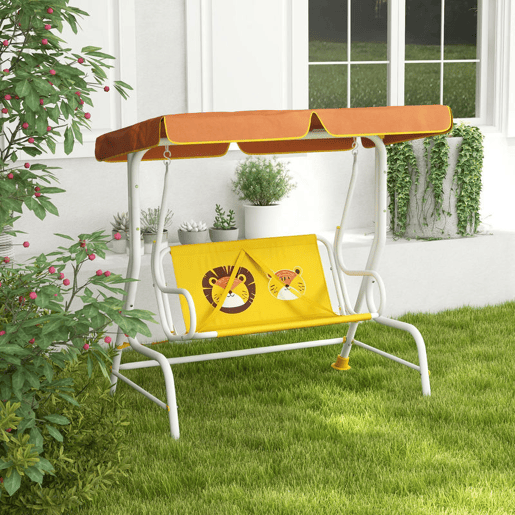 Outsunny Balanço de Jardim Exterior Balanço de Jardim Infantil de 2 Lugares com Padrão de Leão Toldo Ajustável em Ângulo Carga 60 kg 110x70x110 cm Amarelo