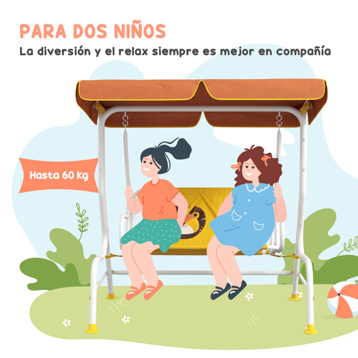 Outsunny Balanço de Jardim Exterior Balanço de Jardim Infantil de 2 Lugares com Padrão de Leão Toldo Ajustável em Ângulo Carga 60 kg 110x70x110 cm Amarelo