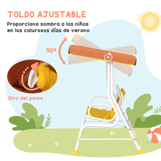 Outsunny Balanço de Jardim Exterior Balanço de Jardim Infantil de 2 Lugares com Padrão de Leão Toldo Ajustável em Ângulo Carga 60 kg 110x70x110 cm Amarelo
