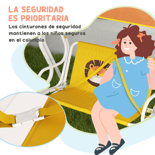 Outsunny Balanço de Jardim Exterior Balanço de Jardim Infantil de 2 Lugares com Padrão de Leão Toldo Ajustável em Ângulo Carga 60 kg 110x70x110 cm Amarelo