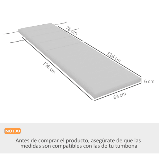 Outsunny Almofada para Espreguiçadeira 196x63x6 cm Almofada para Espreguiçadeira de Algodão com Tecido Repelente à Água Almofada de Assento e Encosto para Jardim Varanda Cinza Claro
