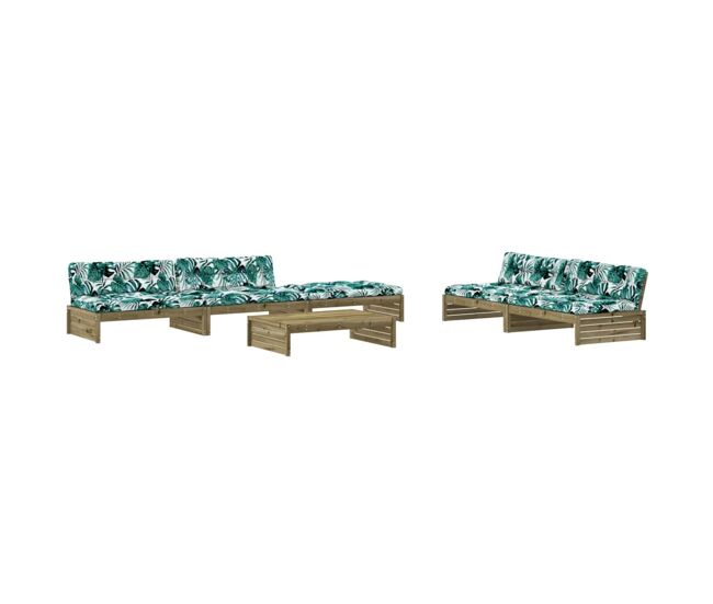 Juego de muebles jardin 6 piezas y cojines madera pino impregnada
