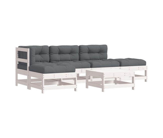 Juego de muebles jardin 6 piezas y cojines madera maciza blanco