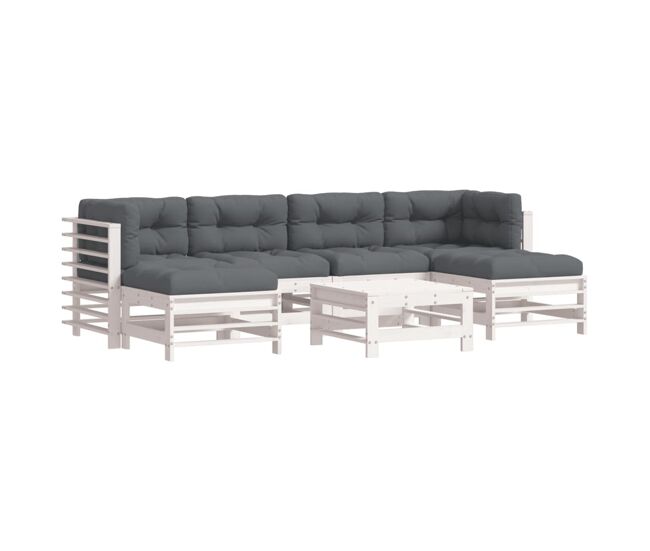 Juego de muebles jardin 7 piezas y cojines madera maciza blanco