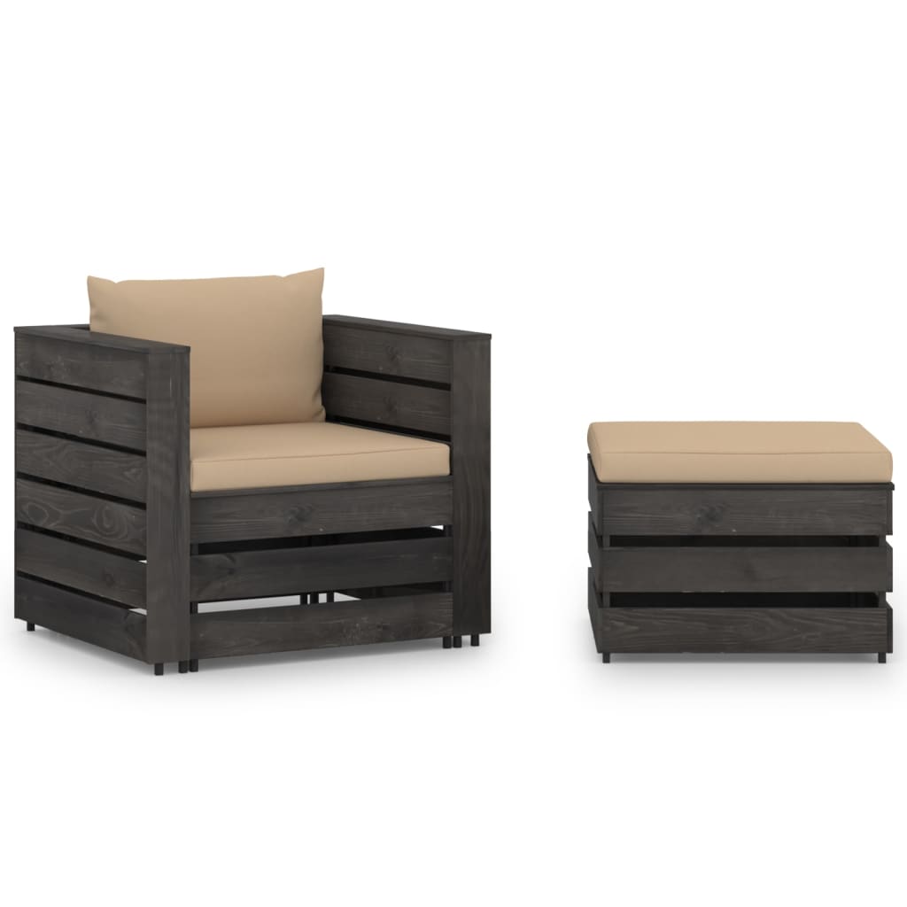 Muebles de jardin 2 piezas con cojines gris madera impregnada