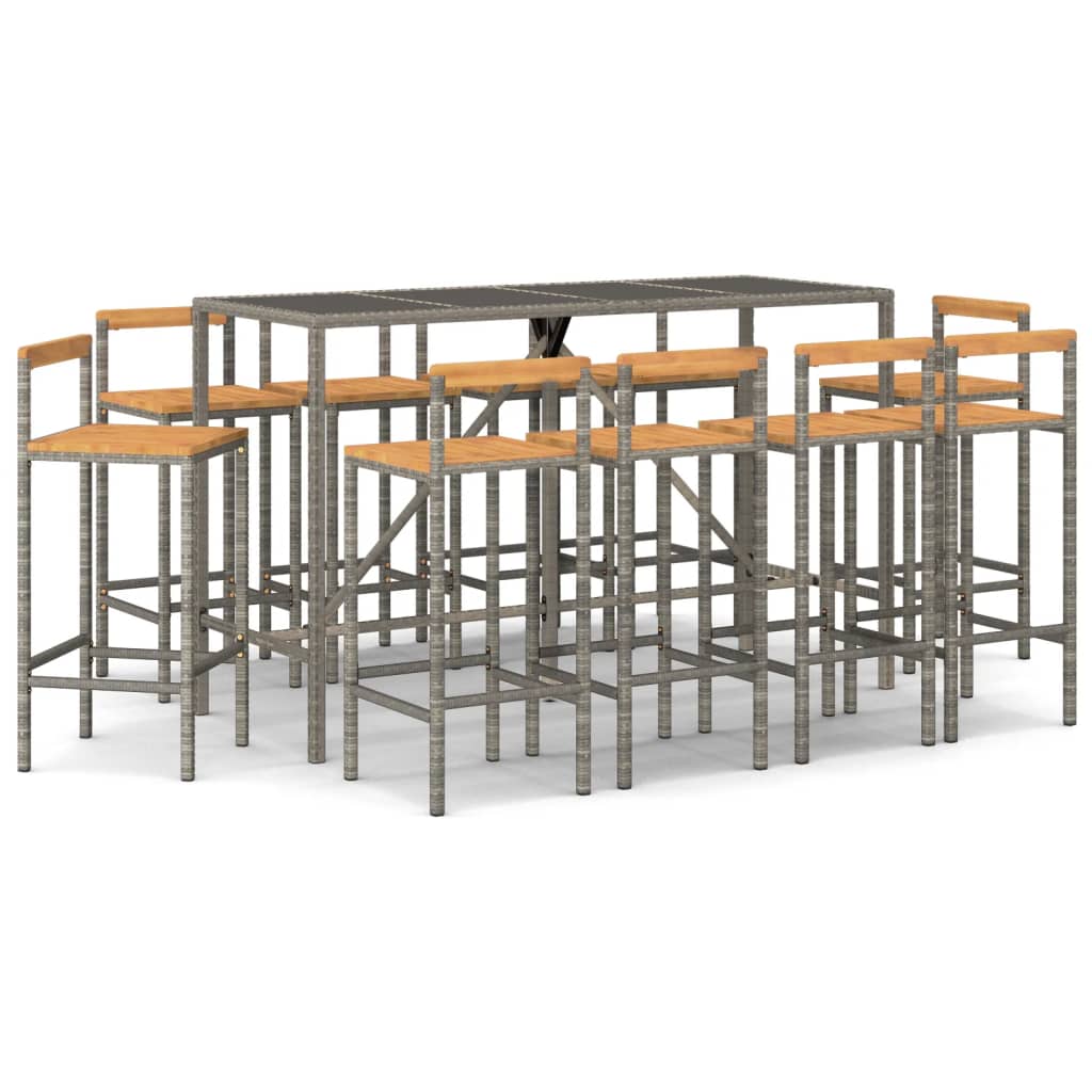 Mesa y taburetes altos jardin 11 piezas madera y ratán pe gris longitud mesa 180 cm