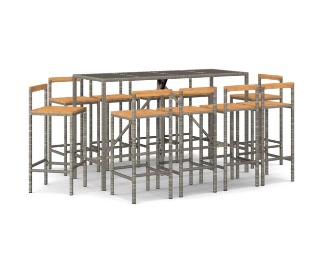 Mesa y taburetes altos jardin 11 piezas madera y ratán pe gris longitud mesa 180 cm