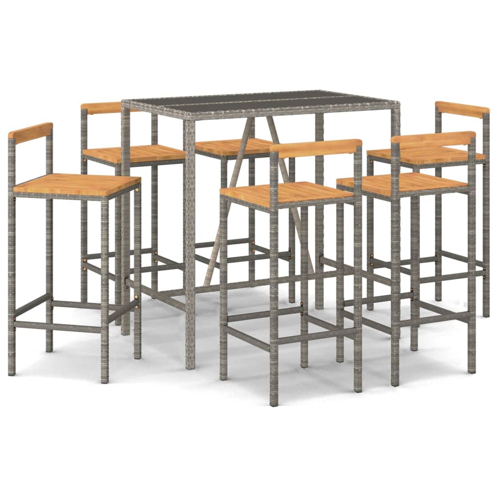 Mesa bar y taburetes jardin 7 piezas madera acacia ratán pe gris longitud mesa 110 cm
