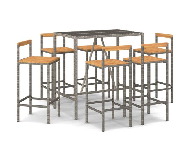 Mesa bar y taburetes jardin 7 piezas madera acacia ratán pe gris longitud mesa 110 cm