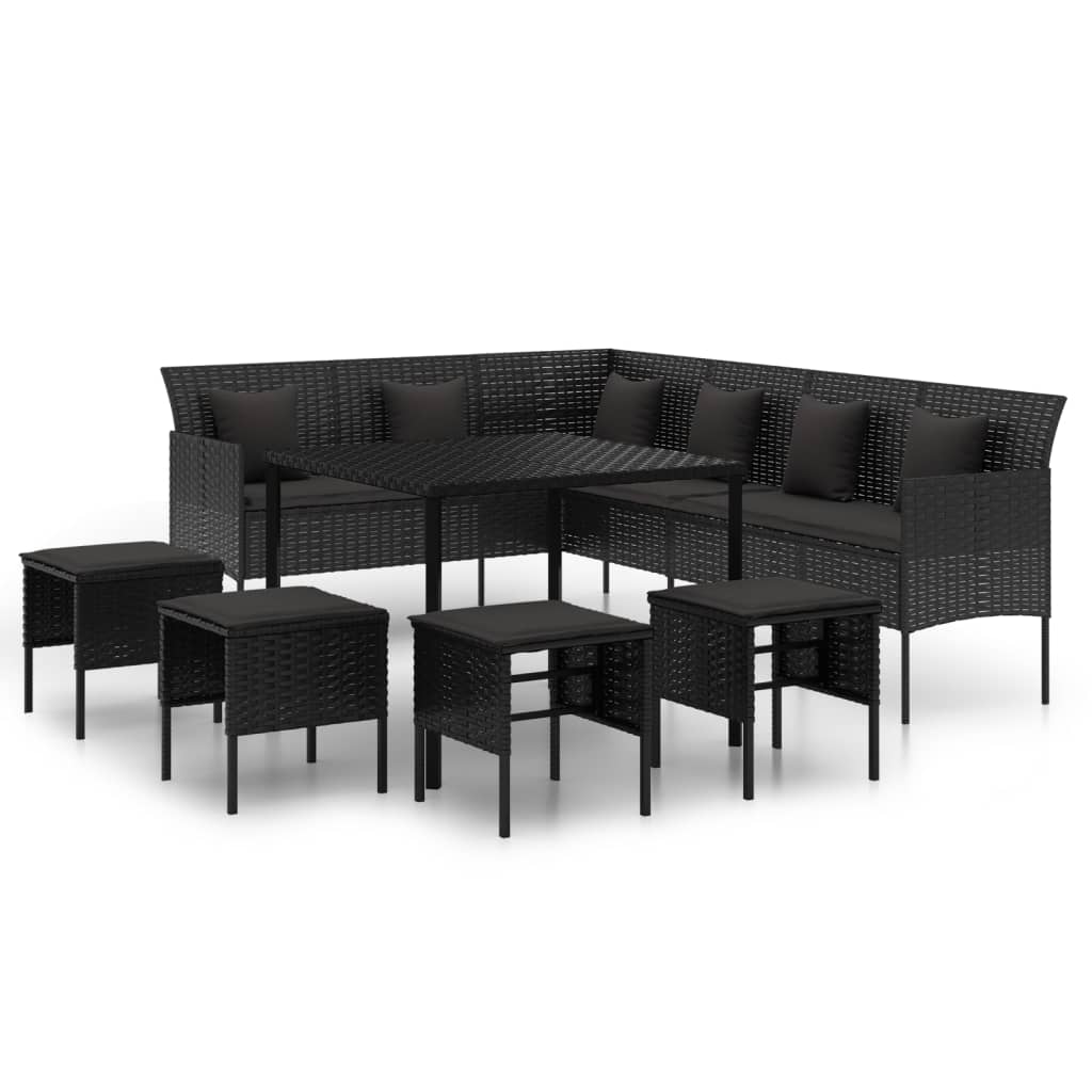 Set comedor de jardin 6 piezas con cojines ratán sintético negro