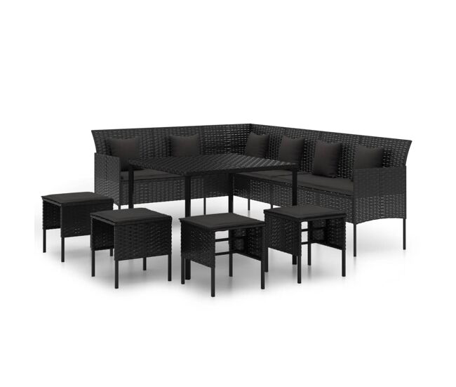 Set comedor de jardin 6 piezas con cojines ratán sintético negro