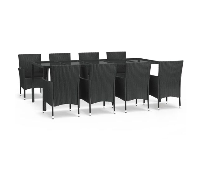 Set de comedor de jardin 9 piezas y cojines ratán sintético negro longitud mesa 250 cm