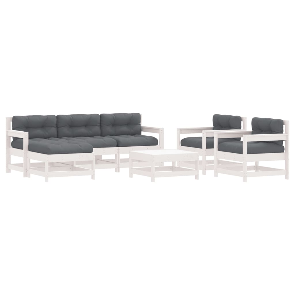 Juego de muebles jardin 7 piezas y cojines madera maciza blanco