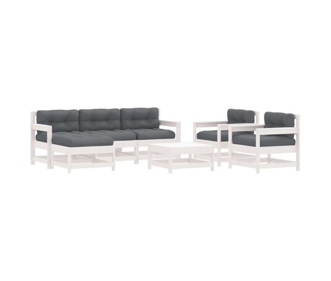 Juego de muebles jardin 7 piezas y cojines madera maciza blanco