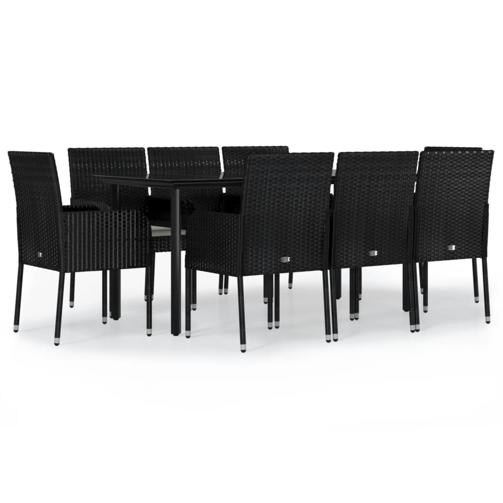 Set de comedor de jardin 9 piezas y cojines ratán sintético negro longitud mesa 160 cm