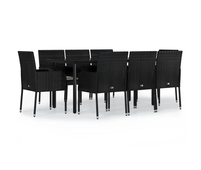 Set de comedor de jardin 9 piezas y cojines ratán sintético negro longitud mesa 160 cm