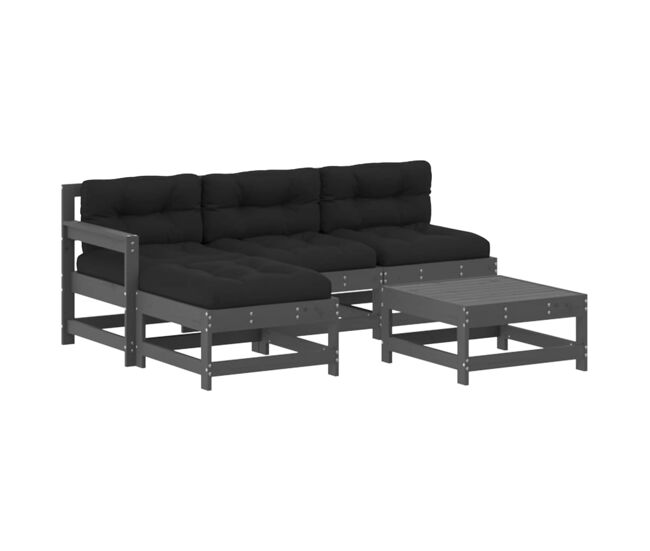 Juego de muebles jardin 5 piezas y cojines madera maciza gris