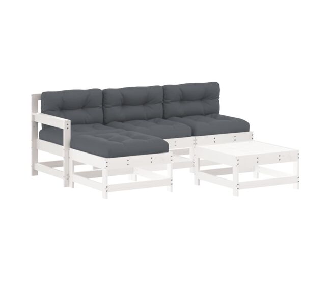 Juego de muebles jardin 5 piezas y cojines madera maciza blanco