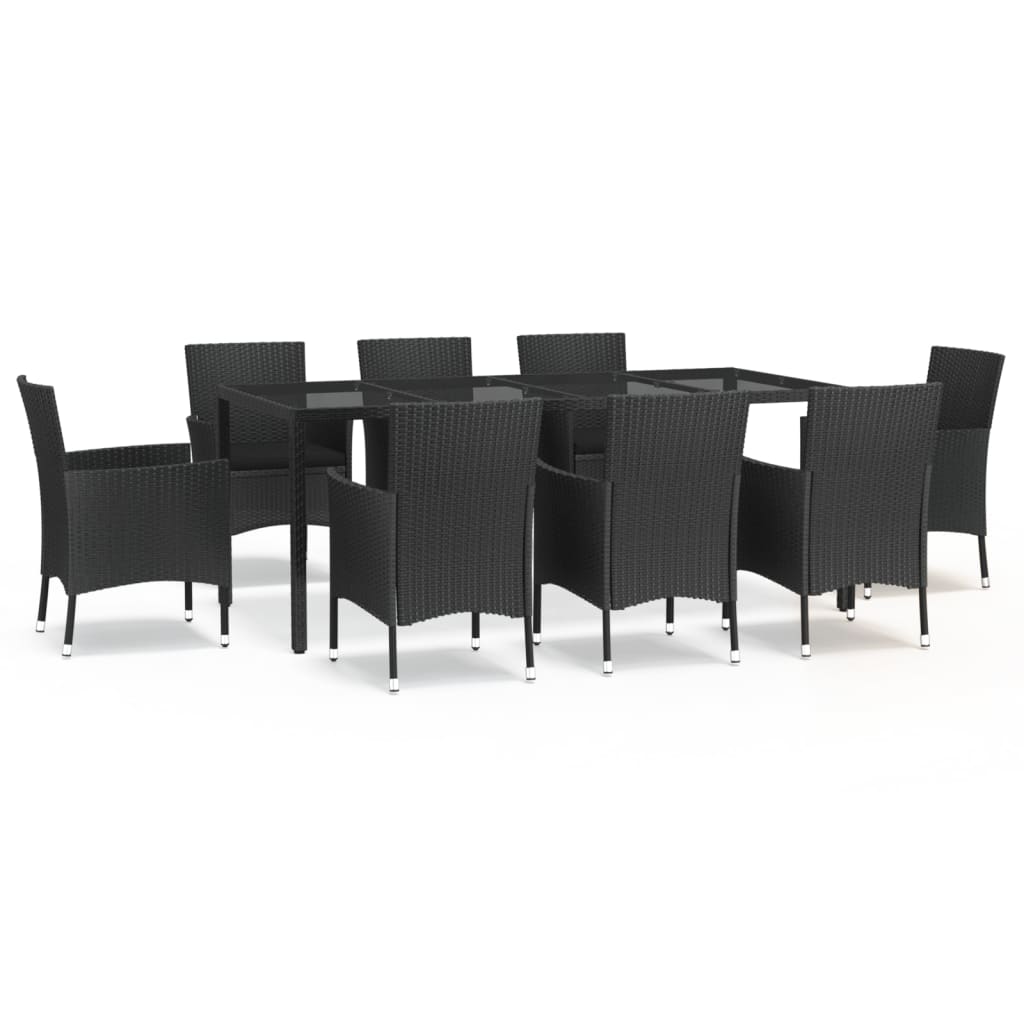 Set de comedor de jardin 9 piezas y cojines ratán sintético negro longitud mesa 190 cm