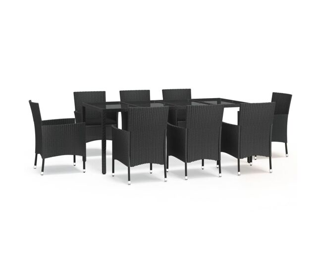 Set de comedor de jardin 9 piezas y cojines ratán sintético negro longitud mesa 190 cm