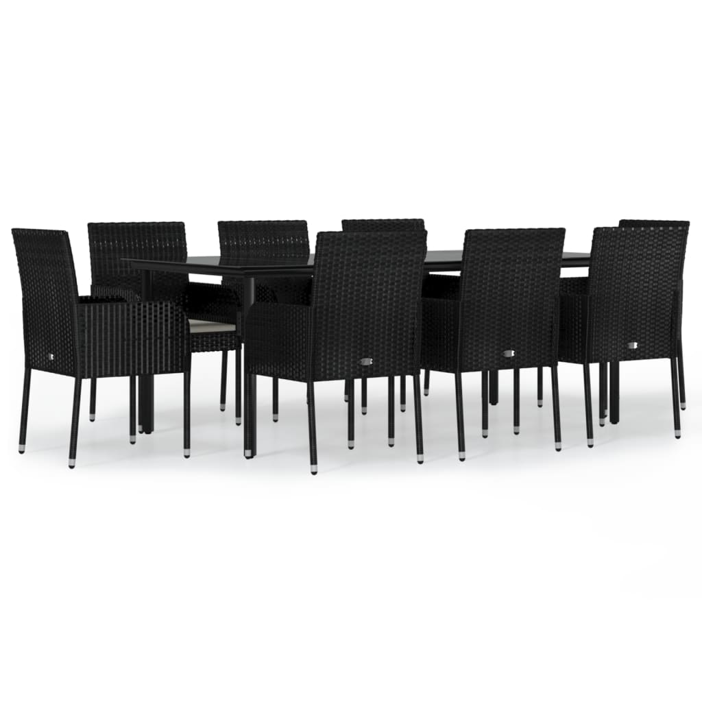 Set de comedor de jardin 9 piezas y cojines ratán sintético negro longitud mesa 200 cm