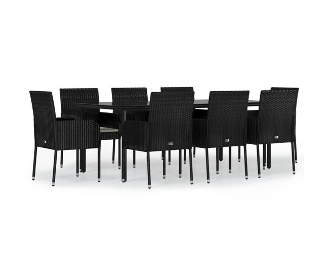 Set de comedor de jardin 9 piezas y cojines ratán sintético negro longitud mesa 200 cm