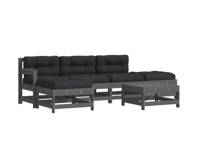 Juego de muebles de jardin 6 piezas y cojines madera maciza gris