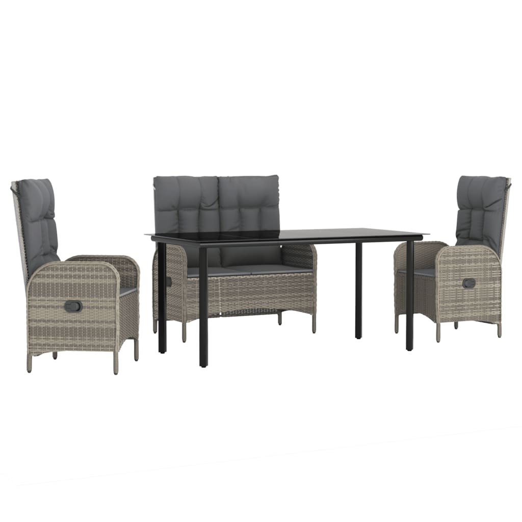 Juego de comedor de jardin 4 piezas con cojines ratán pe gris longitud mesa 160 cm banco + 2x sillas + mesa