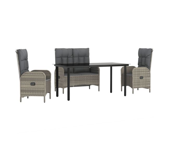 Juego de comedor de jardin 4 piezas con cojines ratán pe gris longitud mesa 160 cm banco + 2x sillas + mesa