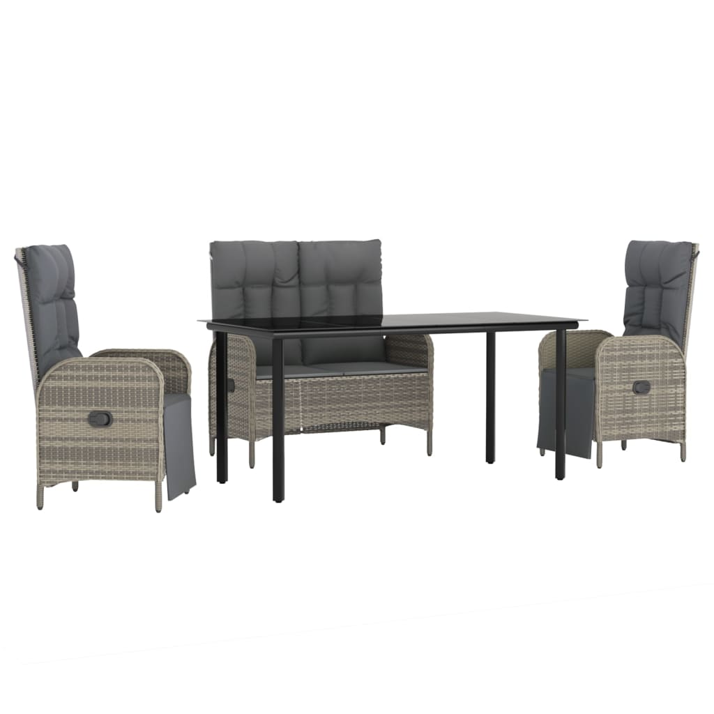 Juego de comedor de jardin 4 piezas con cojines ratán pe gris longitud mesa 160 cm banco + 2x sillon + mesa