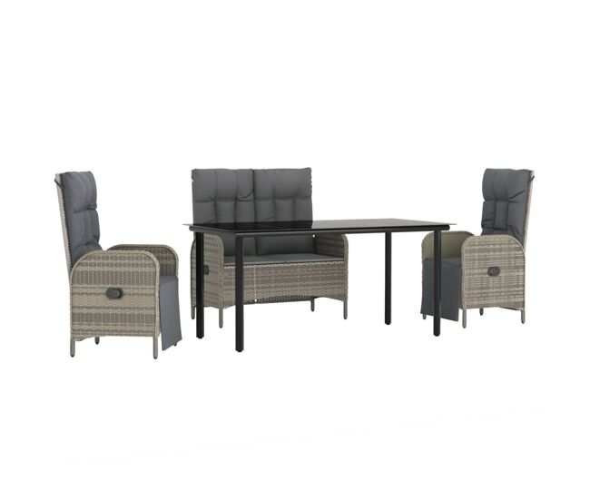 Juego de comedor de jardin 4 piezas con cojines ratán pe gris longitud mesa 160 cm banco + 2x sillon + mesa