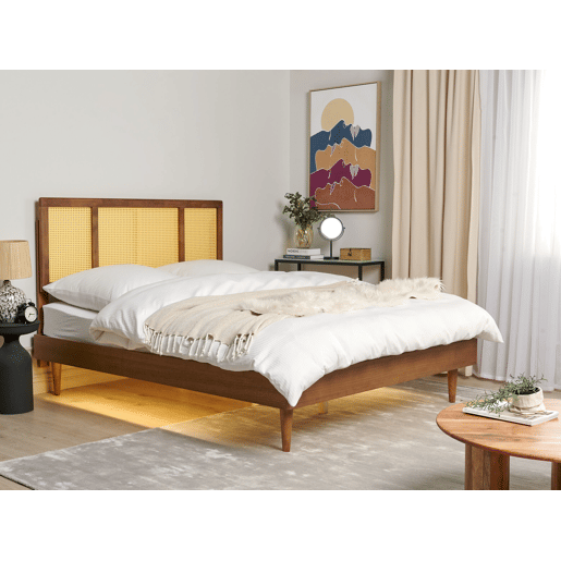 Cama com LED Rattan AURAY 160 x 200 cm Castanho