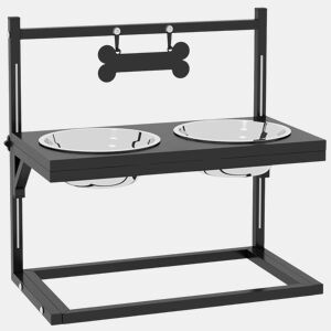 PawHut Comedouro Elevado para Cães Alimentador para Cães com 2 Tigelas de Aço Inoxidável com Altura Ajustável e 1 Peça de Metal com Formato de Osso 40,5x22x39 cm Preto