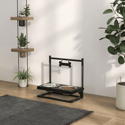 PawHut Comedouro Elevado para Cães Alimentador para Cães com 2 Tigelas de Aço Inoxidável com Altura Ajustável e 1 Peça de Metal com Formato de Osso 40,5x22x39 cm Preto