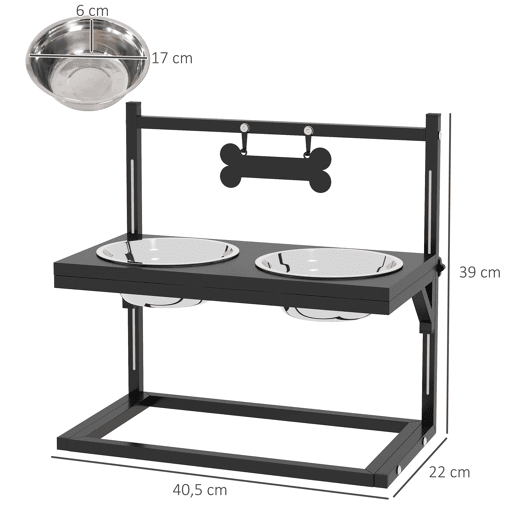 PawHut Comedouro Elevado para Cães Alimentador para Cães com 2 Tigelas de Aço Inoxidável com Altura Ajustável e 1 Peça de Metal com Formato de Osso 40,5x22x39 cm Preto