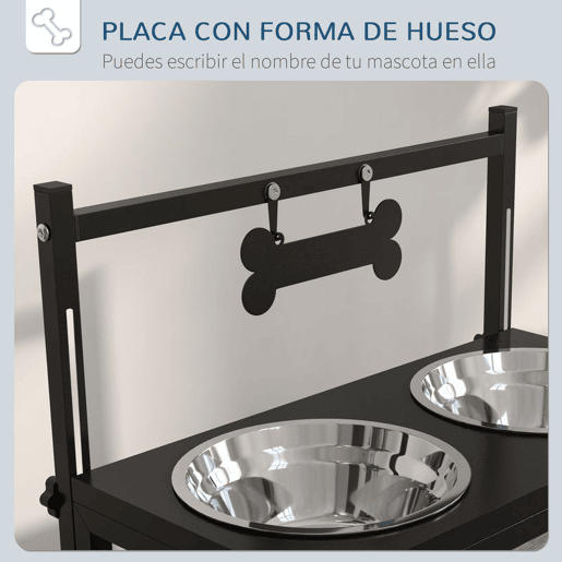 PawHut Comedouro Elevado para Cães Alimentador para Cães com 2 Tigelas de Aço Inoxidável com Altura Ajustável e 1 Peça de Metal com Formato de Osso 40,5x22x39 cm Preto