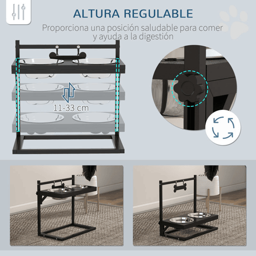 PawHut Comedouro Elevado para Cães Alimentador para Cães com 2 Tigelas de Aço Inoxidável com Altura Ajustável e 1 Peça de Metal com Formato de Osso 40,5x22x39 cm Preto