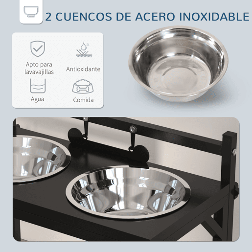 PawHut Comedouro Elevado para Cães Alimentador para Cães com 2 Tigelas de Aço Inoxidável com Altura Ajustável e 1 Peça de Metal com Formato de Osso 40,5x22x39 cm Preto