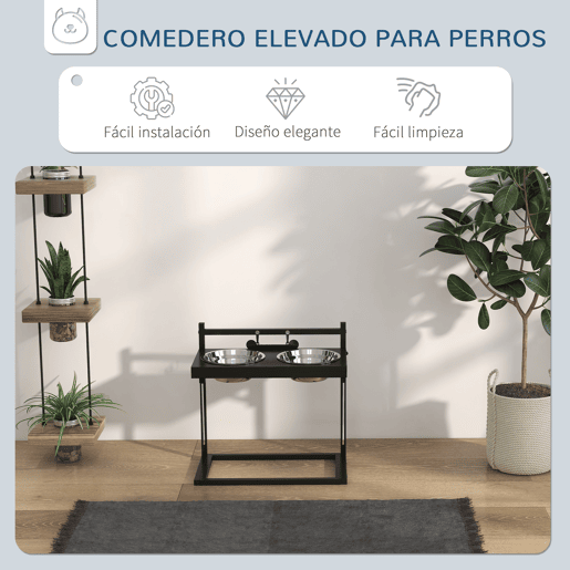 PawHut Comedouro Elevado para Cães Alimentador para Cães com 2 Tigelas de Aço Inoxidável com Altura Ajustável e 1 Peça de Metal com Formato de Osso 40,5x22x39 cm Preto