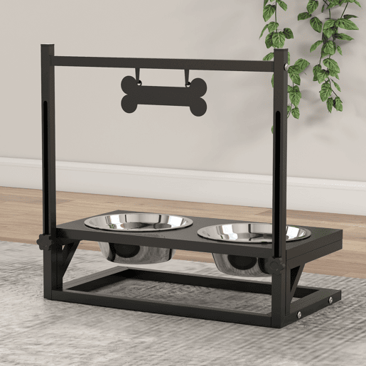 PawHut Comedouro Elevado para Cães Alimentador para Cães com 2 Tigelas de Aço Inoxidável com Altura Ajustável e 1 Peça de Metal com Formato de Osso 40,5x22x39 cm Preto