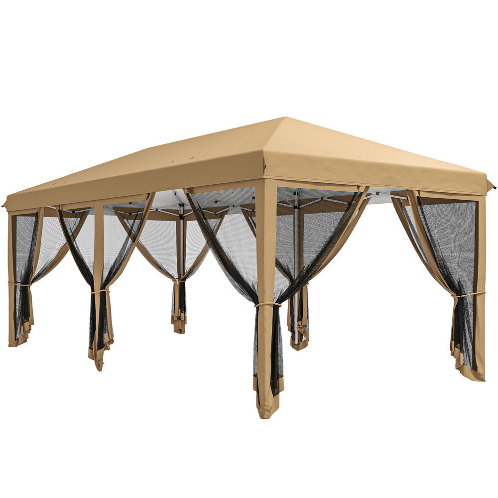 Outsunny carpa plegable pop-up gazebo 6x3 m cenador plegable con 6 paredes laterales de malla anti-uv y bolsa de transporte para camping fiestas beige