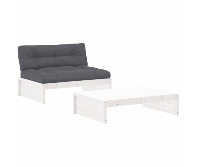 Juego de muebles jardin 2 piezas y cojines madera maciza blanco
