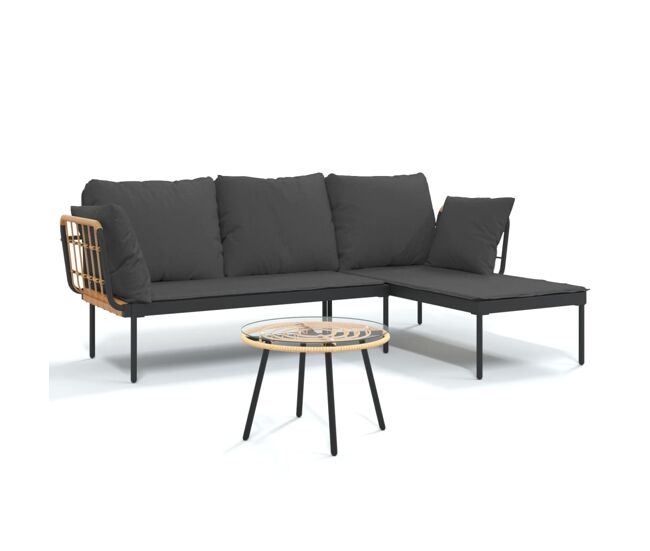 Set muebles jardin 3 piezas y cojines gris oscuro ratán sintético