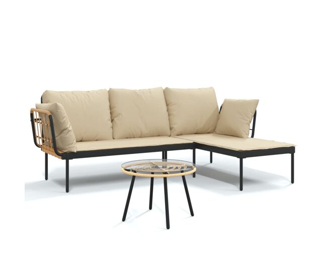 Set muebles de jardin 3 piezas y cojines beige ratán sintético