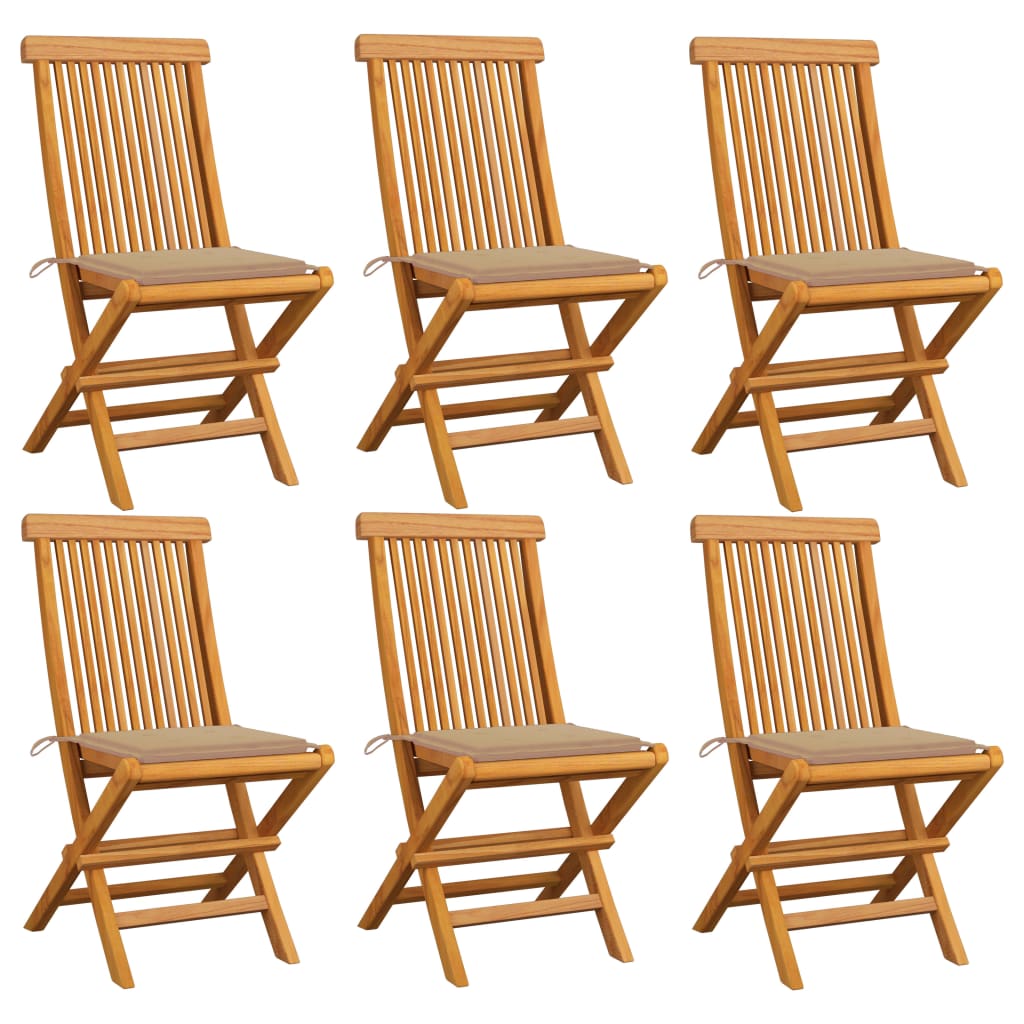 6 Sillas de jardín de madera de teca con cojines Beige