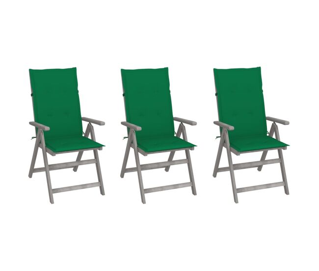 3 Sillas de jardín reclinables de madera con cojines