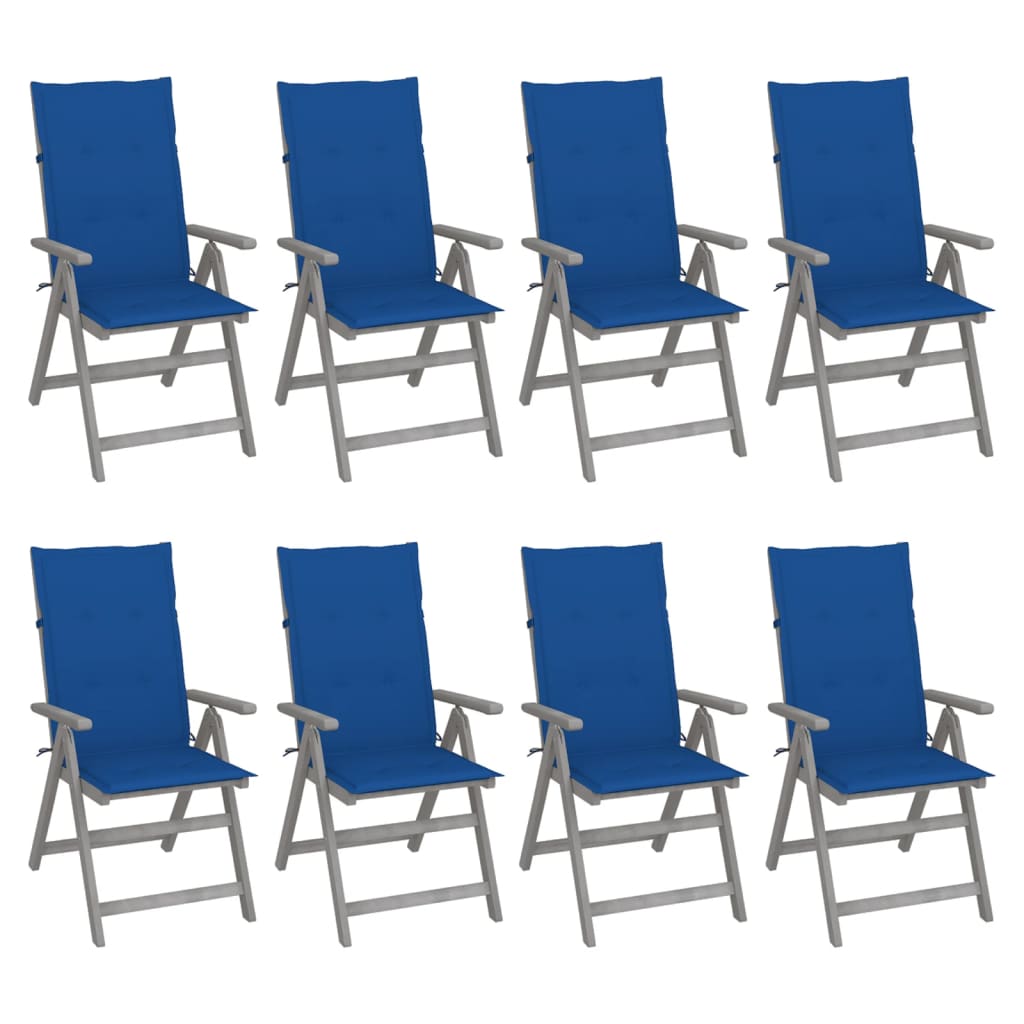 8 Sillas de jardín reclinables de madera con cojines Azul Marino
