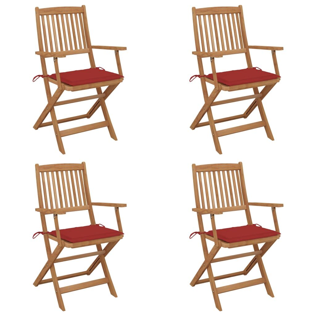 4 Sillas de jardín plegables de madera con cojines Rojo