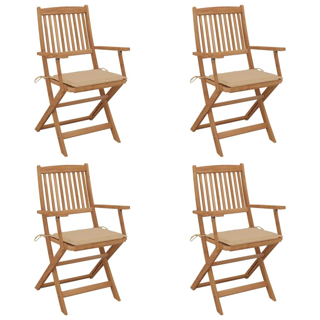 4 Sillas de jardín plegables de madera con cojines Beige